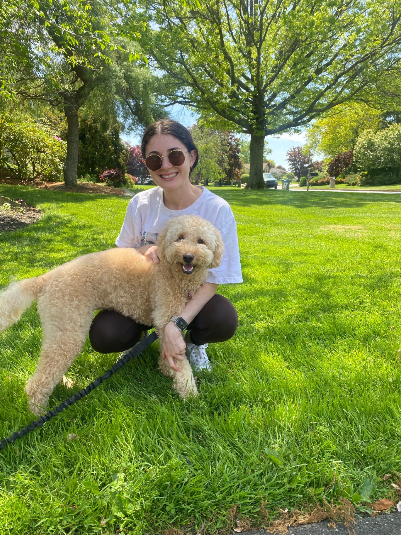 Ally kneeling in the grass with an apricot mini goldendoodle